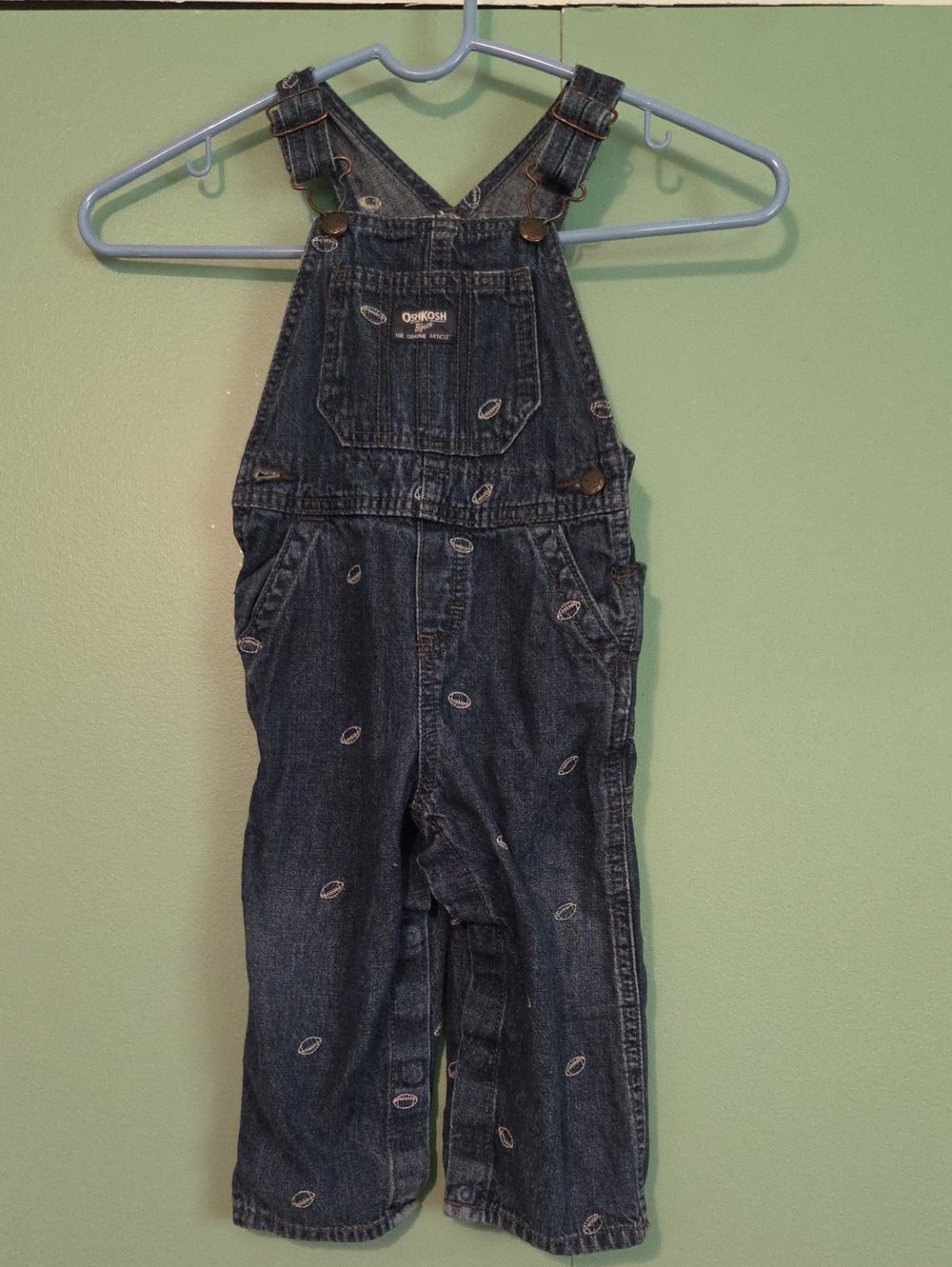 OshKosh B'gosh Denim Overalls With Football Accent Embroidery Size 24m